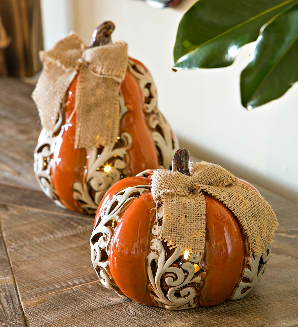 Lighted Scrollwork Ceramic Pumpkins, Set Of 2 | Plow & Hearth