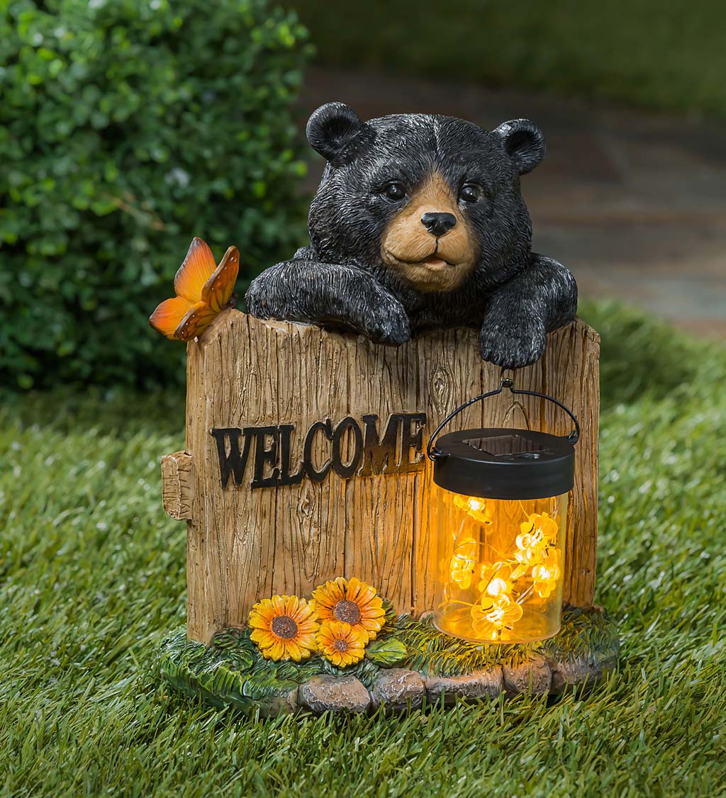 ストレッチドビー Oritty Bear Statue ウェルカムサイン ガーデンスタチュー ソーラーライト付き 樹脂ベアファミリー 木の上の木  屋外のクマの