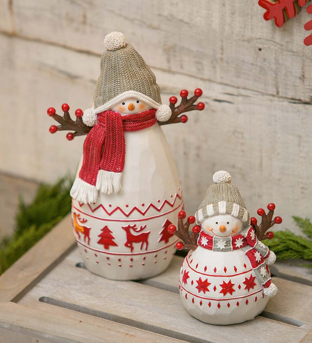 White and Red Snowman with Hat and Scarf, Set of 2 | Plow & Hearth