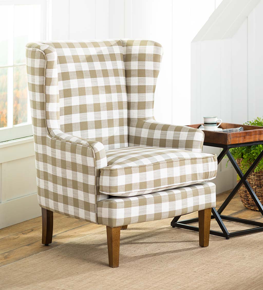 Buffalo Plaid Upholstered Wingback Chair - Natural | Plow & Hearth