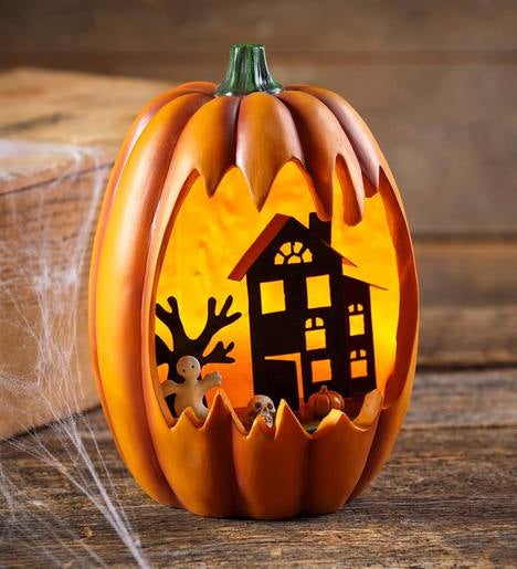 Lighted Faux Carved Pumpkin with Haunted House | PlowHearth