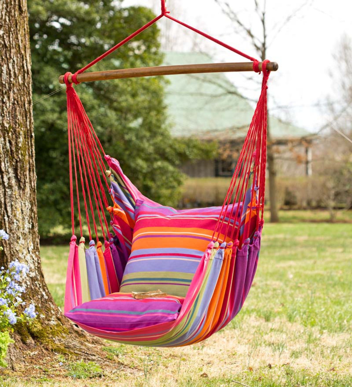 Pink Striped Cotton Hammock Chair Swing | PlowHearth