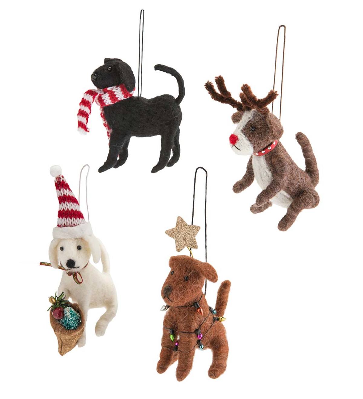 Felted Wool Holiday Dogs Christmas Ornaments, Set of 4 | Plow & Hearth