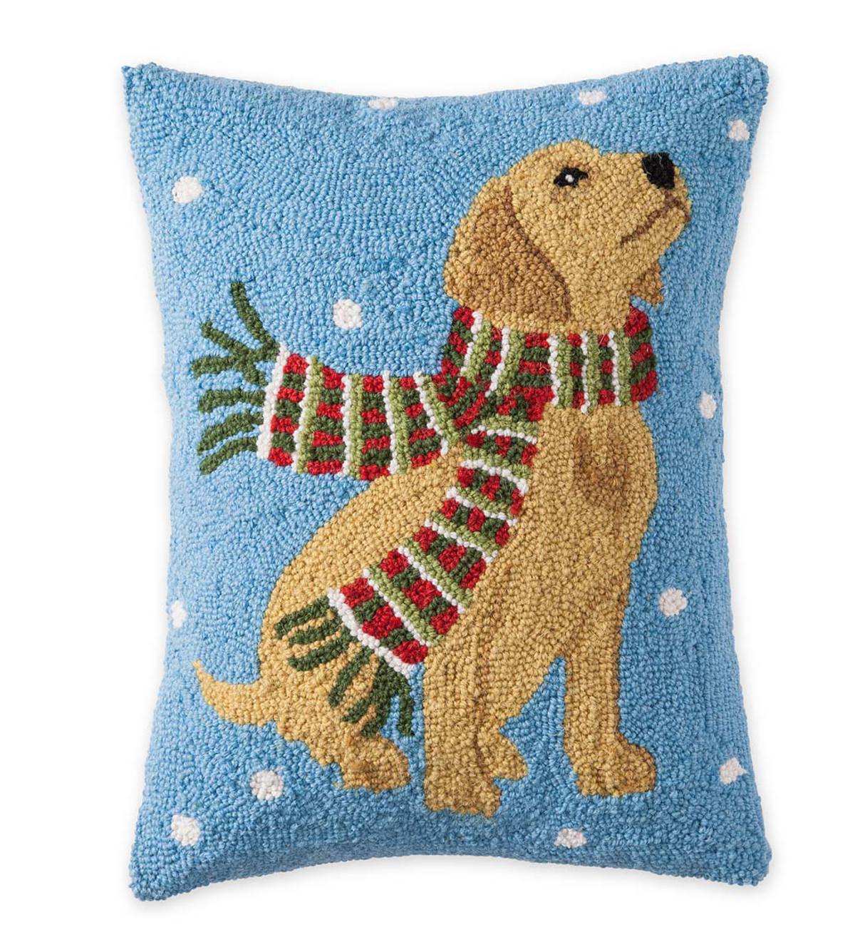 Hooked Wool Holiday Throw Pillow with Yellow Lab and Snowflakes  Plow & Hearth