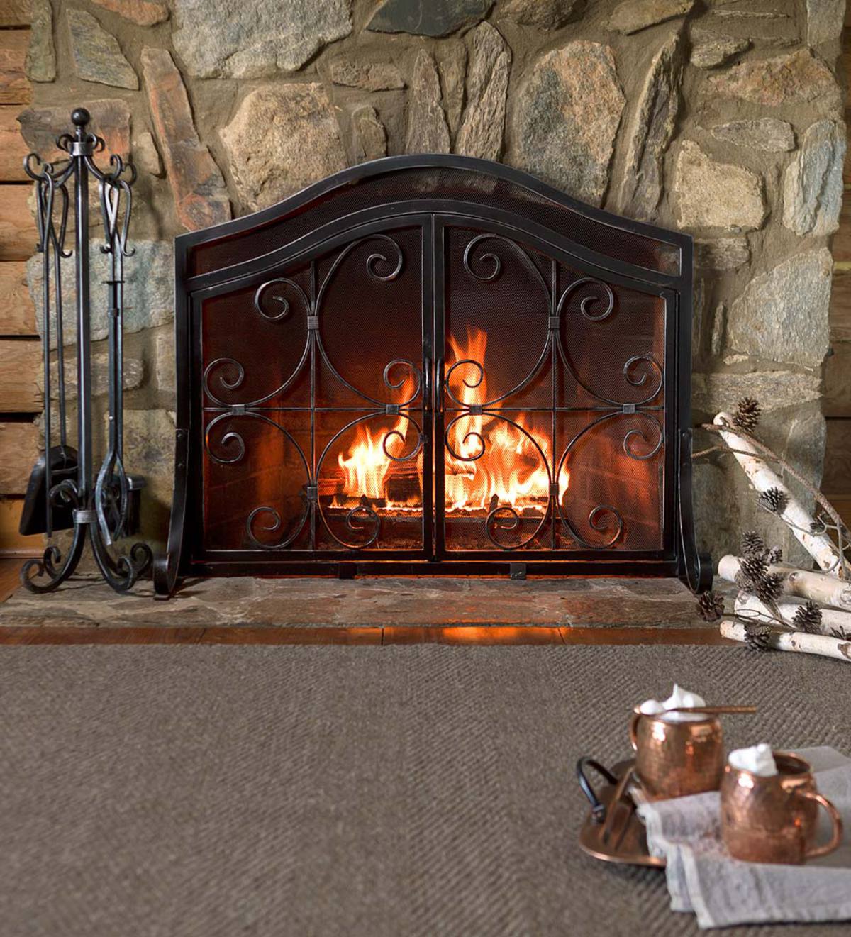 Small Crest Fireplace Screen With Doors - Black | PlowHearth