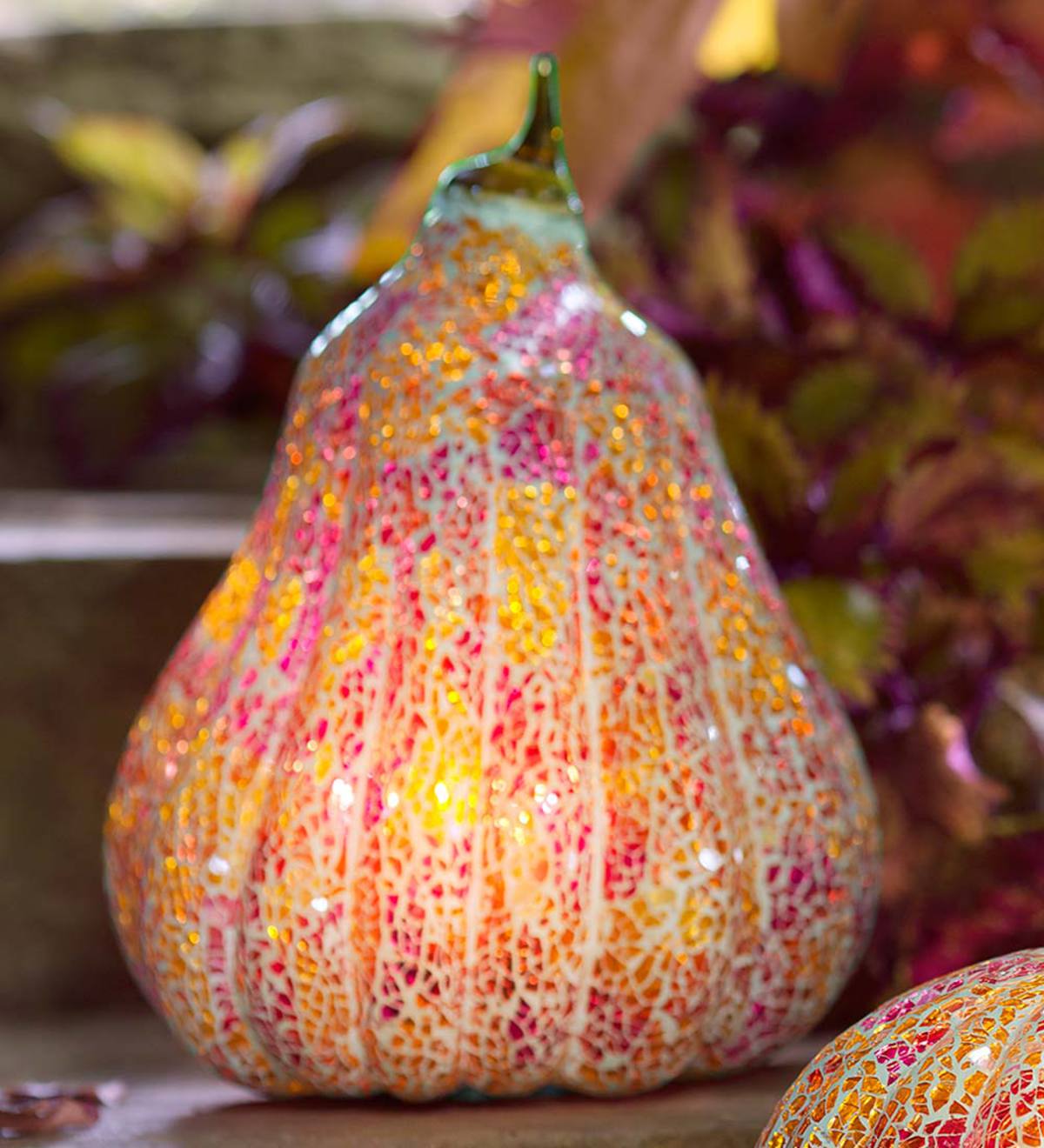 Handmade Mosaic Glass Pumpkin With LED Lights | PlowHearth