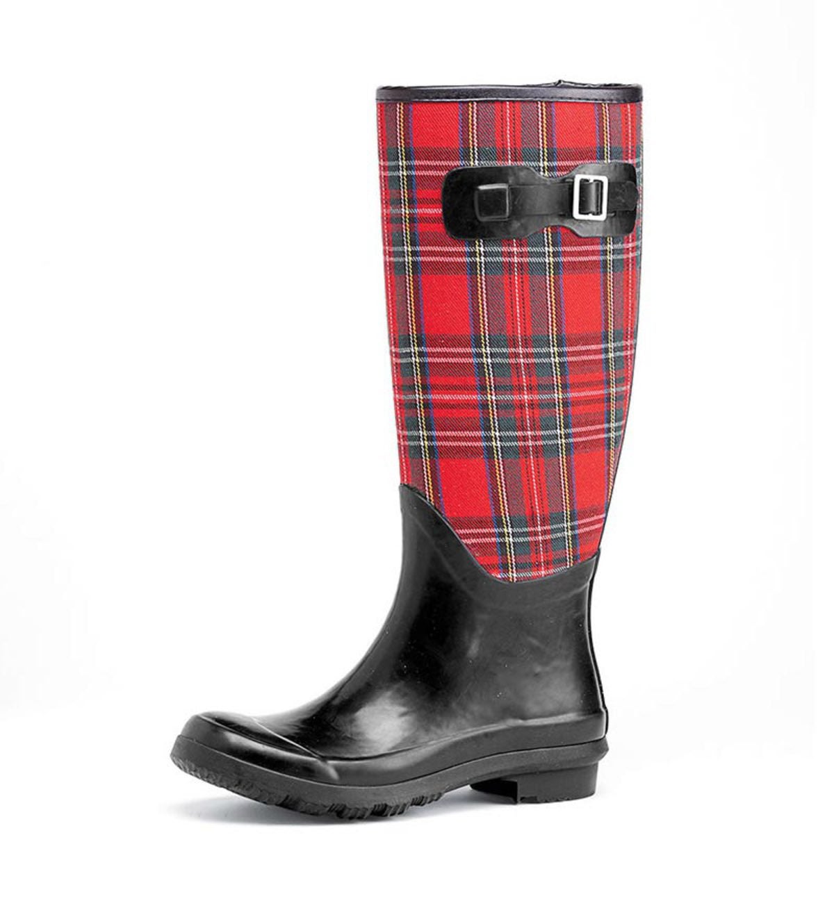 Tall Plaid Waterproof Rubber Garden Boots With Buckle Detail | PlowHearth
