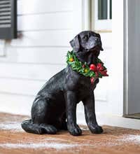 Black Labrador Statue With Solar Lighted Holiday Wreath Plowhearth